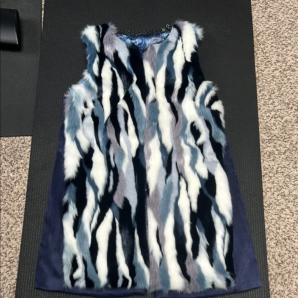 T Tahari Blue and Black Faux Fur Vest